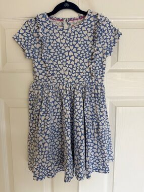 Mini Boden Blue and White Heart-Print Ruffle Dress